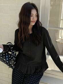 Dazy Plus Solid Color Patchwork Frill Trim Fitted Long Sleeve Casual T-Shirt For Girls, Spring/Autumn - Black - View 7