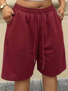 Dazy Plus Elastic Waist Loose Bermuda Shorts Sports CasualBermuda Shorts Plus Size Women Spring Summer Sweat Shorts - Burgundy - View 5