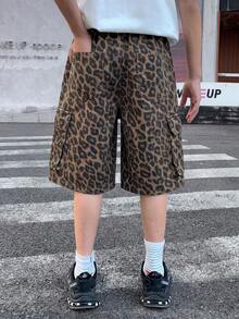 SHEIN Little Byeori 兒童青少年男孩豹紋休閒百搭日常穿著工裝牛仔短褲，附口袋 - 彩色 - 查看 4