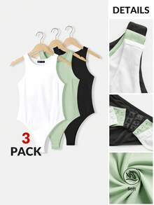 SHEIN BASICS 3件組休閒極簡基本款純色圓領無袖修身女款連身衣 夏季服裝 日常辦公穿搭 白色、淺灰色、黑色 - 綠色 - 查看 10