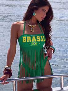 SHEIN Swim 夏季新款性感細肩帶綁帶比基尼套裝 女款，兩件式吊帶上衣附流蘇，三角褲，綠色與黃綠色，海灘派對 - 彩色 - 查看 7