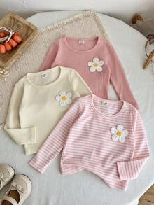 SHEIN 幼兒女童 3 件組柔軟羅紋長袖上衣，休閒基礎圓領上衣 - 彩色 - 查看 5