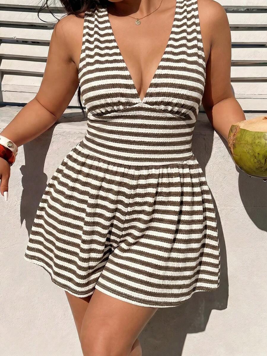 SHEIN MOD Plus Size Women Striped V-Neck Sleeveless Jumpsuit Women Vacation Beach Outfit Going Out Summer - Multicolor - View 1