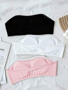 SHEIN 青少年女孩時尚簡約舒適無肩帶針織純色抹胸上衣 3件套 - 彩色 - 查看 3