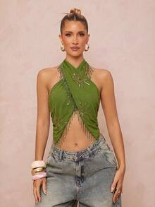 Lumalex Women's Tassel Decor Fashion Versatile Date & Travel Halter Top - Green - View 1