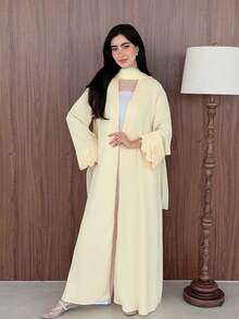 Yasmeen Edit Yasmeen Edit Spring/Summer Elegant Yellow Collarless Long Robe With Heavy Scalloped Cuffs And Chiffon Headscarf - Yellow - View 5