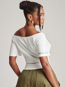 NYA SZN Top Color Block Short Sleeve Ribbed Knit Trim Printed Graphic Tee "Lagos" "Center Of Excellence" Oversized Summer Red Green Yellow Outfits For Women - Apricot - View 2