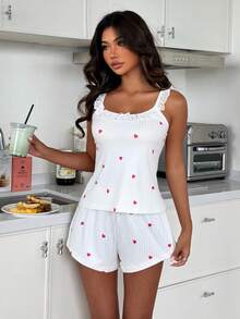 ZzzCrew Women's Heart Print Comfortable Ribbed Ruched Ruffle Bow Cami Pajama Set - White - View 3