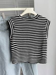 SHEIN 少女春夏季新款卡其色白色條紋紋理圓領短袖休閒T恤，簡約百搭流行元素 - 黑色 - 查看 2