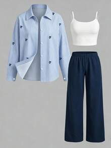 SHEIN 3件套黃色長袖條紋數位印花襯衫、黑色長褲、細肩帶背心，適合春夏出遊 - 藍色 - 查看 3