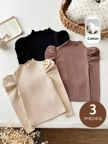 SHEIN 女童針織純色休閒荷葉領T恤三件套 - 彩色 - 查看 5
