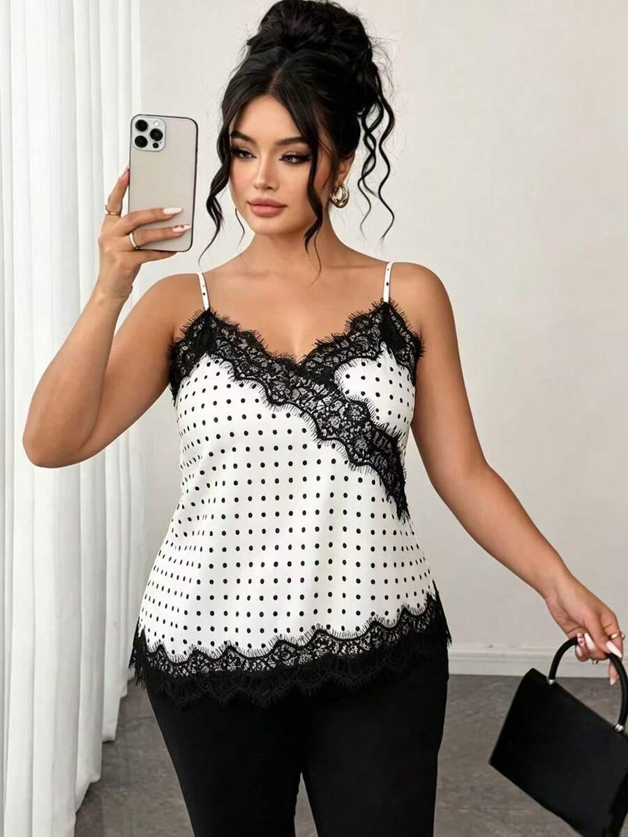 SHEIN Clasi Women's French Elegant Sexy Casual Vacation Commute Camisole, Soft Satin Fabric, All White Polka Dot Print, New Summer V-Neck Lace Trim Fitted Top