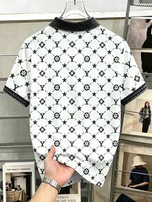 Manfinity Joysei 男士全印花對比滾邊休閒日常短袖 Polo 衫 - 黑與白 - 查看 6