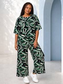 ELLERISSA Mono de pierna ancha y corto con estampado tropical verde en talla grande - Verde - Ver 1