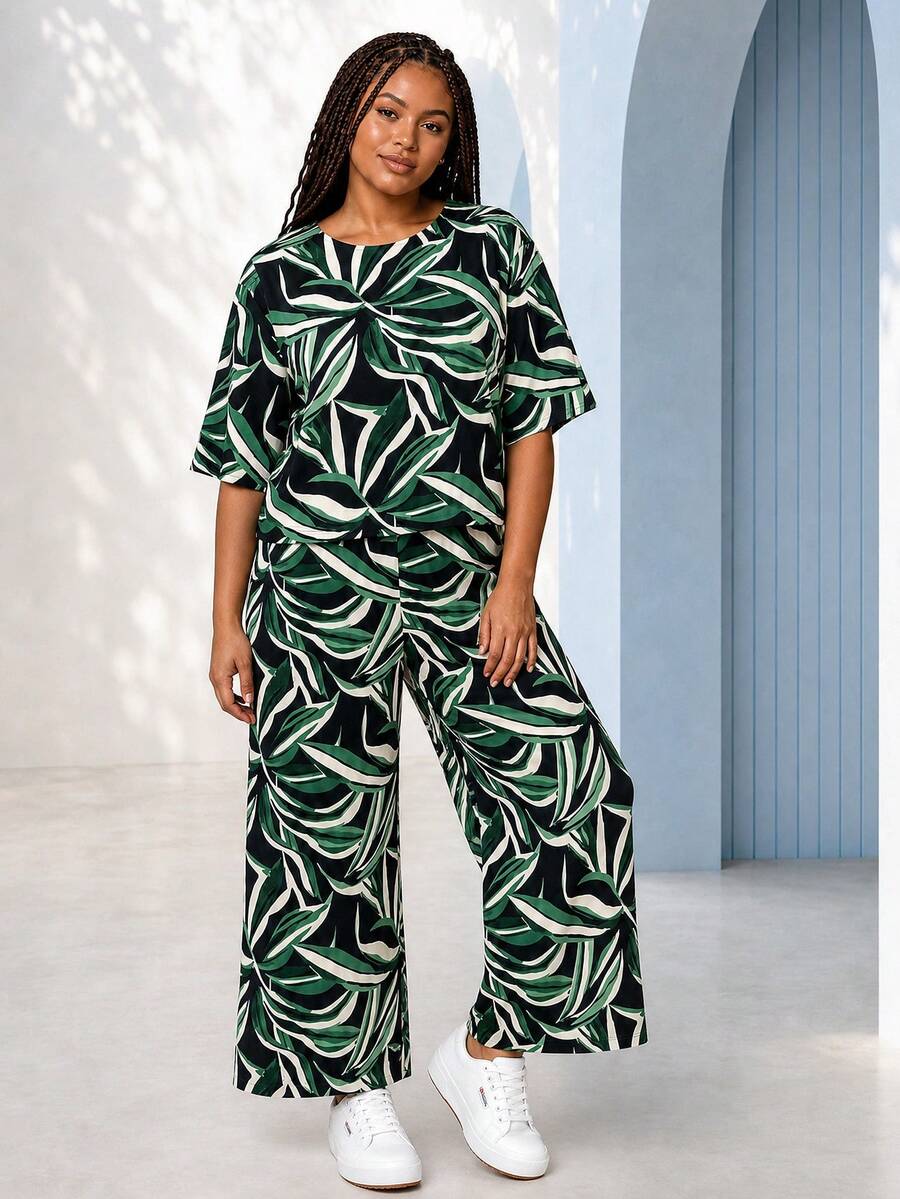 ELLERISSA Mono de pierna ancha y corto con estampado tropical verde en talla grande - Verde - Ver 1