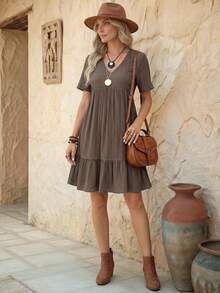 SHEIN Solid Color V-Neck Ruffled Hem Summer Short Sleeve Dress Vacation Beach Outfits Women - Khaki - View 1