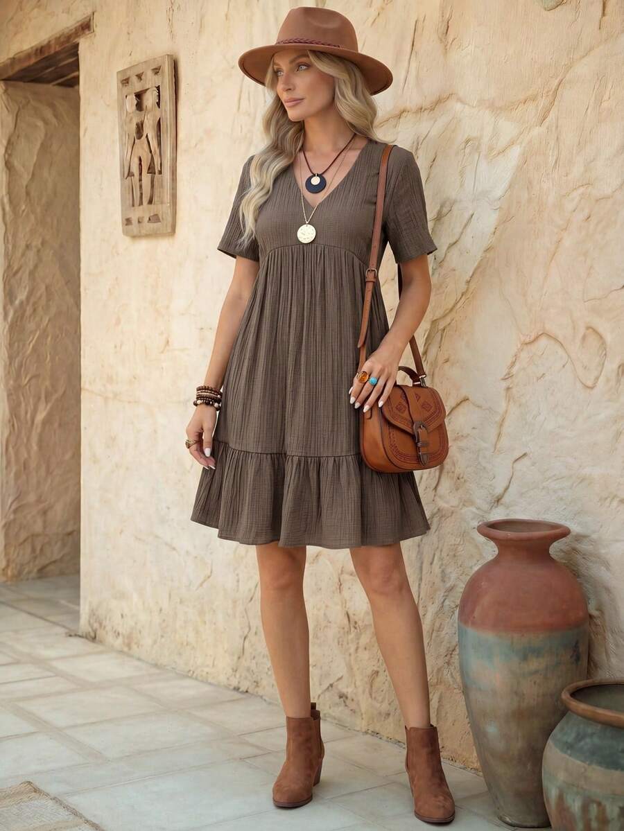 SHEIN Solid Color V-Neck Ruffled Hem Summer Short Sleeve Dress Vacation Beach Outfits Women - Khaki - View 1