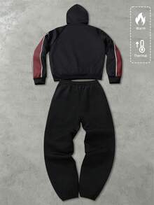ROMWE MEN Prep 男士連帽衛衣套裝，秋冬日常街頭風，美式英文印花拼接連帽衛衣套裝，中性款 - 黑色 - 查看 2
