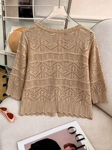 GlowEve CURVE Cardigan Ukuran Besar Elegan dengan Detail Lubang, Lengan 3/4, Leher Bulat, dan Pita untuk Musim Gugur - Unta - View 2