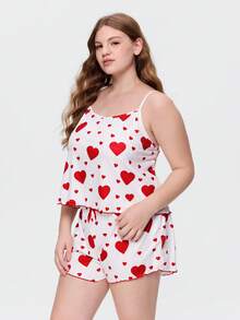 Bonmuse Plus Size Women Heart Print Camisole Top And Bow Decor Shorts Casual Loungewear Set - Multicolor - View 3