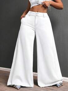 SHEIN ICON Plus Size Fashion Solid Color Wide Leg Jeans - White - View 5