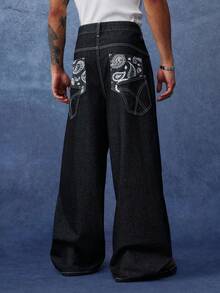PAVTROS Men's Casual Washed Wide Leg Jeans - Black - View 6