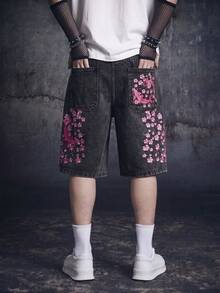 Vyqestra Men's Casual Street Style Embroidered Black Wide Leg Denim Shorts - Dark Grey - View 1
