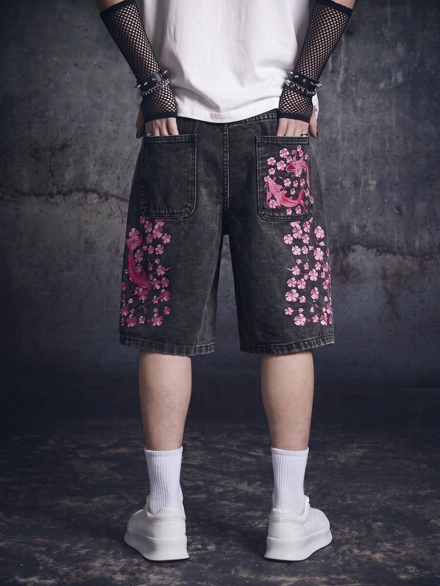 Vyqestra Men's Casual Street Style Embroidered Black Wide Leg Denim Shorts - Dark Grey - View 1