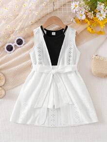 SHEIN Elladie kids 女童夏季新款简约吊带露脐背心，休闲直筒白色短裤，无袖针织提花薄外套（带腰带装饰），三件套舒适休闲时尚套装 - 黑與白 - 查看 3