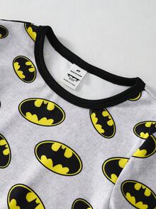 BATMAN X SHEIN 小男孩卡通印花長袖上衣與長褲舒適修身套裝，適合居家與外出穿著，百搭款 - 灰色 - 查看 3