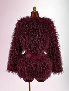 Amplova Women's Cropped Shawl Collar Wool Blend Top, Sexy Avant-Garde Mini Jacket, Suitable For Autumn/Winter Party And Date Outfits - Red - View 3