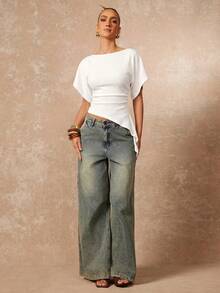 Lumalex Women's Knitted Textured Waist-Cinched Asymmetrical Hem T-Shirt - White - View 3