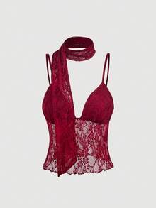 SHEIN MOD 女款蕾絲拼接細肩帶上衣與裙子性感約會套裝 - 酒紅色 - 查看 7