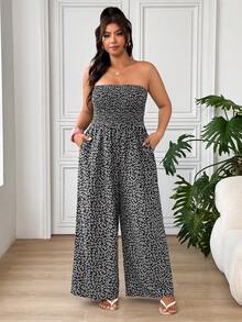 SHEIN EZwear 大尺碼女款碎花抓皺平口寬腿連身褲，度假風 - 彩色 - 查看 7