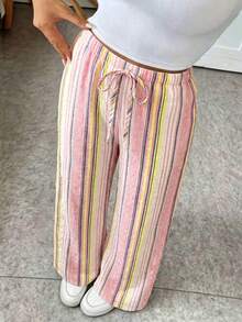 SHEIN 少女休闲简约舒适中腰直筒百搭裤 - 粉色 - 查看 2