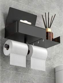 1 Minimalist Black Wall-Mounted Toilet Paper Holder, Stainless Steel Multi-Functional Phone Stand, Suitable For Bathroom And Autumn Decor - Black - View 5