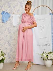 Loomaby Maternity Solid Color Pleated Asymmetric Neck Elegant Dress - Pink - View 7