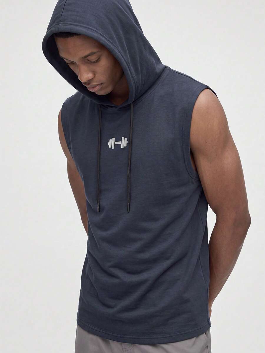 Nelvento Soul Men's Barbell Print Drawstring Hooded Sports Tank Top, Gym - Dark Grey - View 1