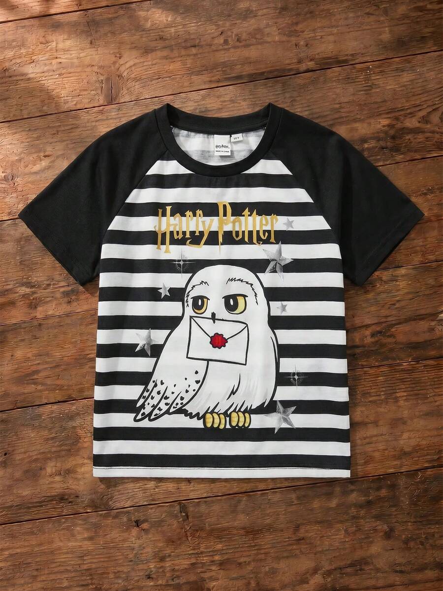 HARRY POTTER X SHEIN 1件少女休闲风T恤,插肩袖,撞色设计,舒适上衣,联名款T恤 - 彩色 - 查看 1