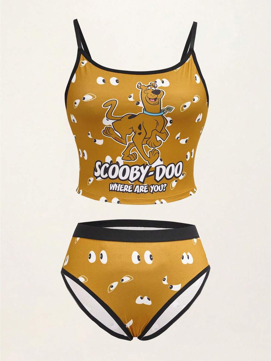 SCOOBY-DOO X SHEIN 女款字母卡通印花撞色細肩帶背心與三角內褲休閒日常內衣套裝 - 棕色 - 查看 1
