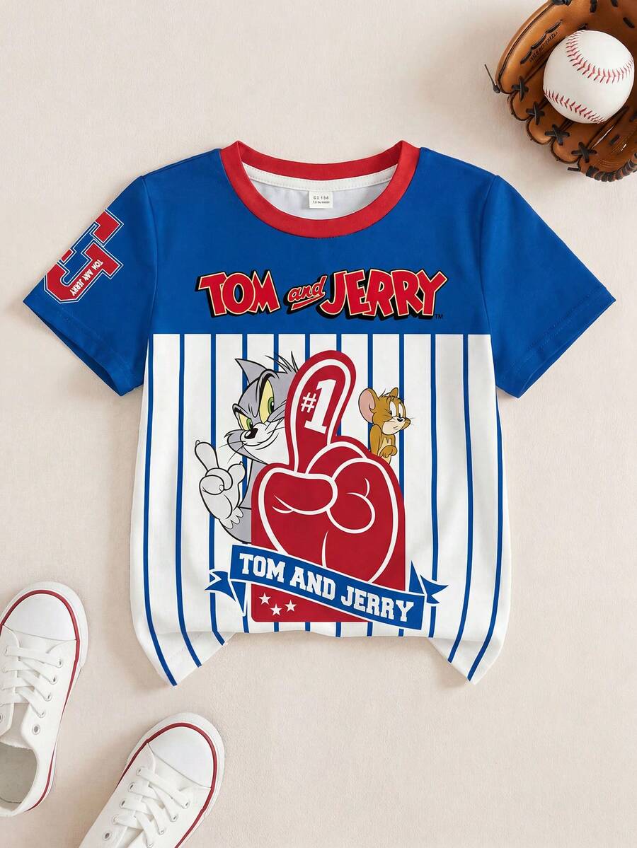 TOM & JERRY X SHEIN 男童字母条纹印花撞色圆领短袖T恤 - 白色 - 查看 1