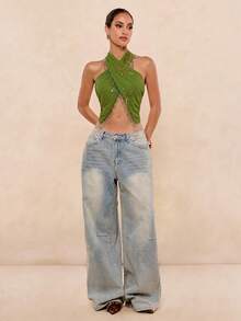 Lumalex Women's Tassel Decor Fashion Versatile Date & Travel Halter Top - Green - View 7