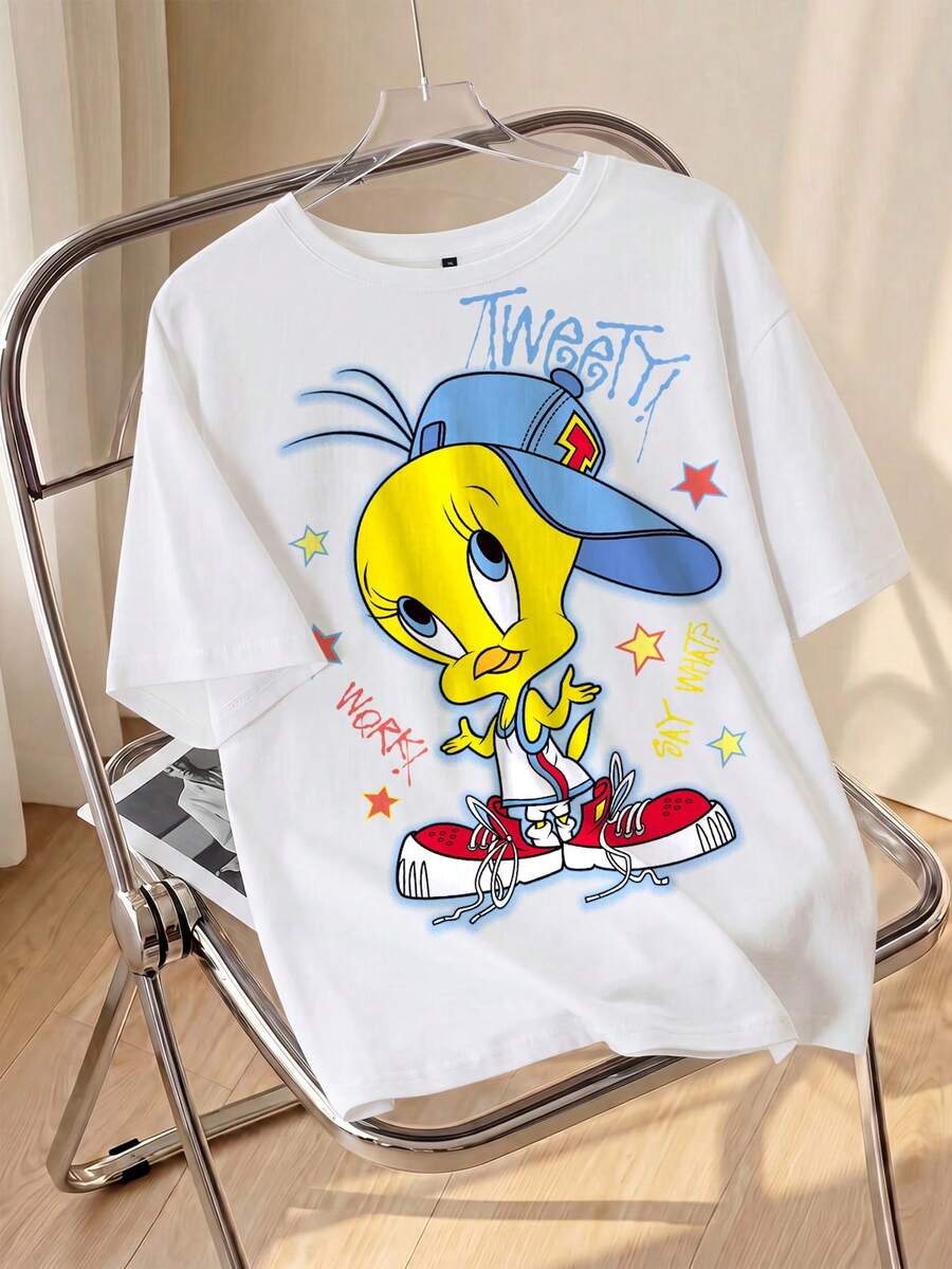 LOONEY TUNES X SHEIN 大尺碼女款字母卡通印花波點休閒日常T恤 - 白色 - 查看 1