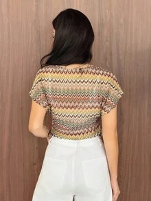 Yasmeen Edit Yasmeen Edit Chic Boho Striped Beige Knit Hollow Out Tee Summer Vacation Casual - Multicolor - View 3