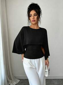 Selianne تي شيرت نسائي بلون موحد وياقة دائرية وأكمام كيب مطوية بتصميم عصري - الأسود - مشاهدة 3