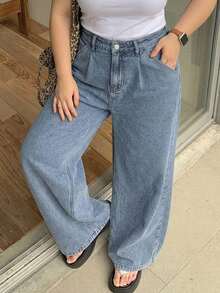Dazy Plus Loose Pleated Casual Straight Leg Jeans, Slimming Long Denim Pants, Versatile Spring Summer Autumn New Arrival - Medium Wash - View 4