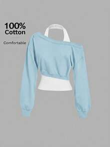 SHEIN MOD 女款灰色不對稱領口 2 合 1 衛衣 秋冬款 - 藍白色 - 查看 5