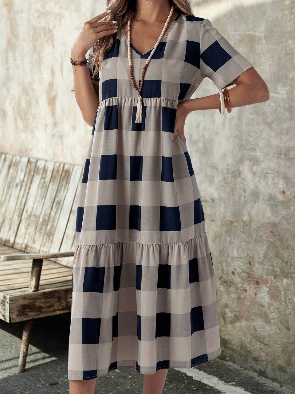 Summer Casual Plaid Print Short Sleeve Dress