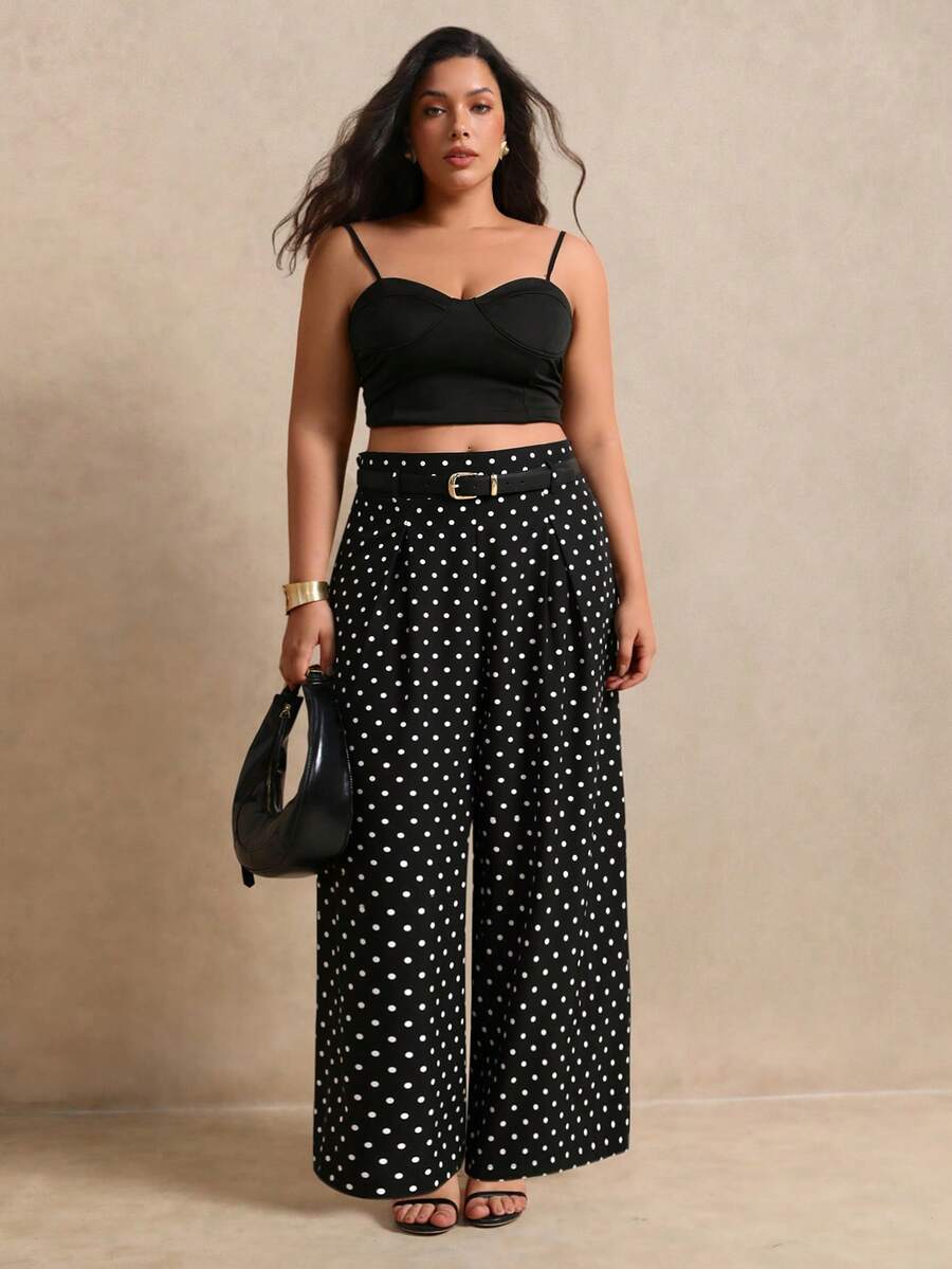 Juhart Plus Size Women's Polka Dot Casual Versatile Wide Leg Pants For Daily Wear Fall - Black and White - View 1