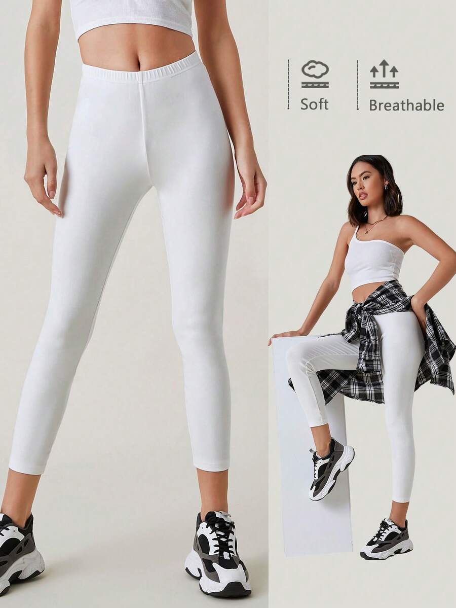 SHEIN BASICS 女款夏季純色彈性腰七分緊身褲 - 白色 - 查看 1